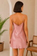 Women's Solid Satin Nightdress with Cowl Neck (Champagne Rose) - WOE-193 CAMPAIGN - Image 5