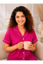 Women's Button-Down Cotton Sleep Shirt with Notched Collar (Magenta Pink) - WOE195PINK - Image 6