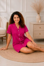 Women's Button-Down Cotton Sleep Shirt with Notched Collar (Magenta Pink) - WOE195PINK - Image 4