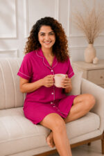 Women's Button-Down Cotton Sleep Shirt with Notched Collar (Magenta Pink) - WOE195PINK - Image 3